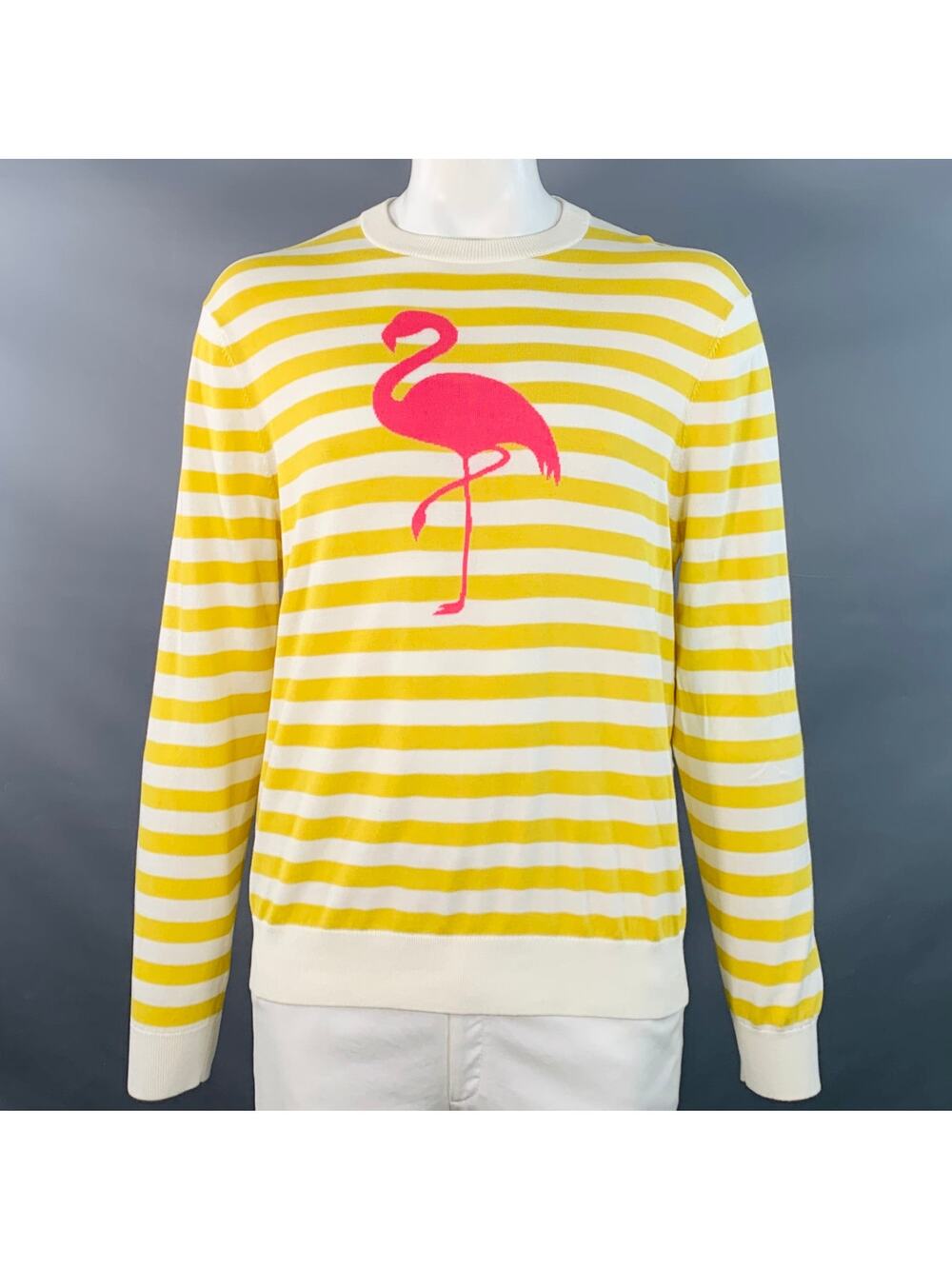 MR TURK Size L Yellow White Pink Flamingo Stripe Cotton Blend Crew Neck Pullover